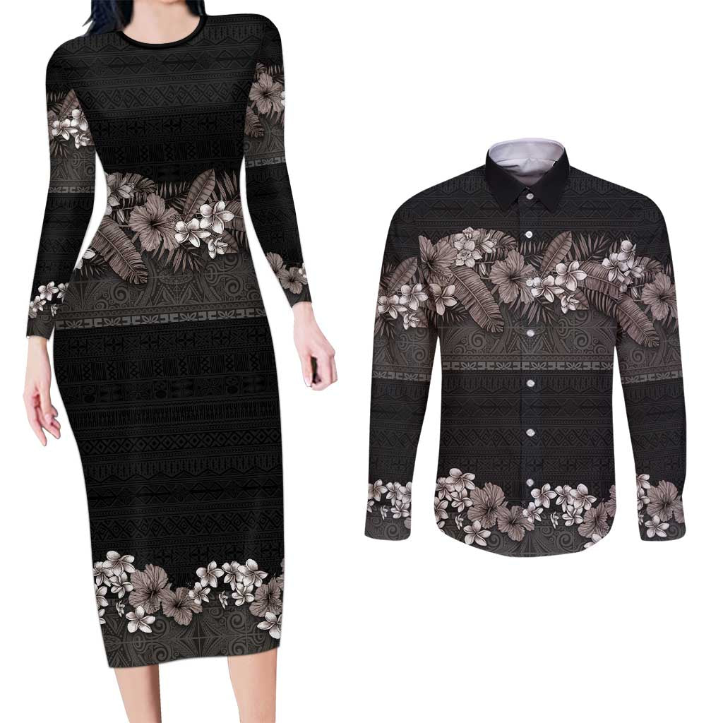 Hawaiian Tropical Flowers and Tribal Polynesian Tattoo Couples Matching Long Sleeve Bodycon Dress and Long Sleeve Button Shirt Grayscale Mode LT03 Black - Polynesian Pride