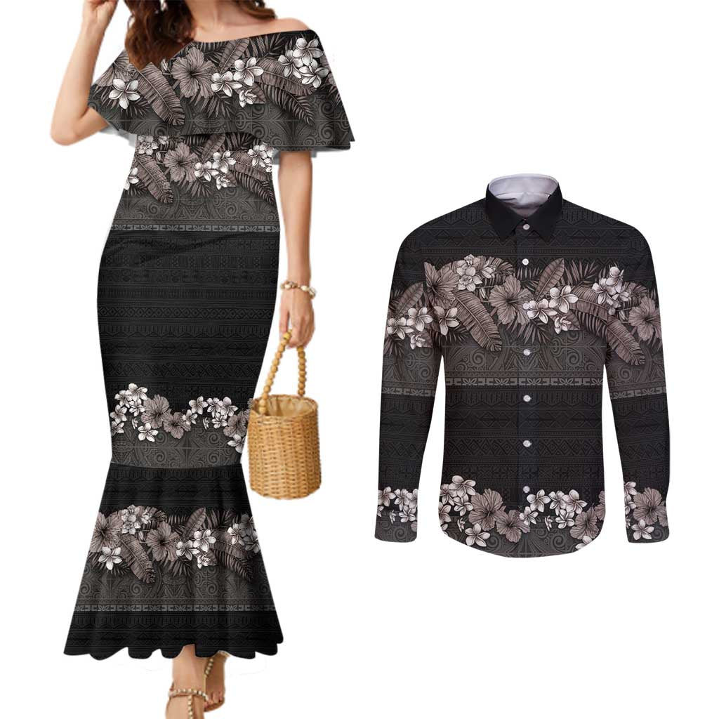 Hawaiian Tropical Flowers and Tribal Polynesian Tattoo Couples Matching Mermaid Dress and Long Sleeve Button Shirt Grayscale Mode LT03 Black - Polynesian Pride