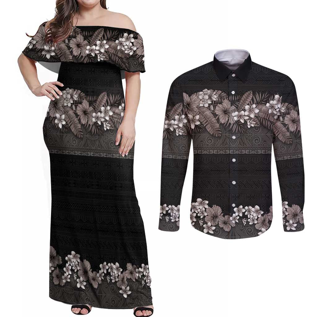 Hawaiian Tropical Flowers and Tribal Polynesian Tattoo Couples Matching Off Shoulder Maxi Dress and Long Sleeve Button Shirt Grayscale Mode LT03 Black - Polynesian Pride