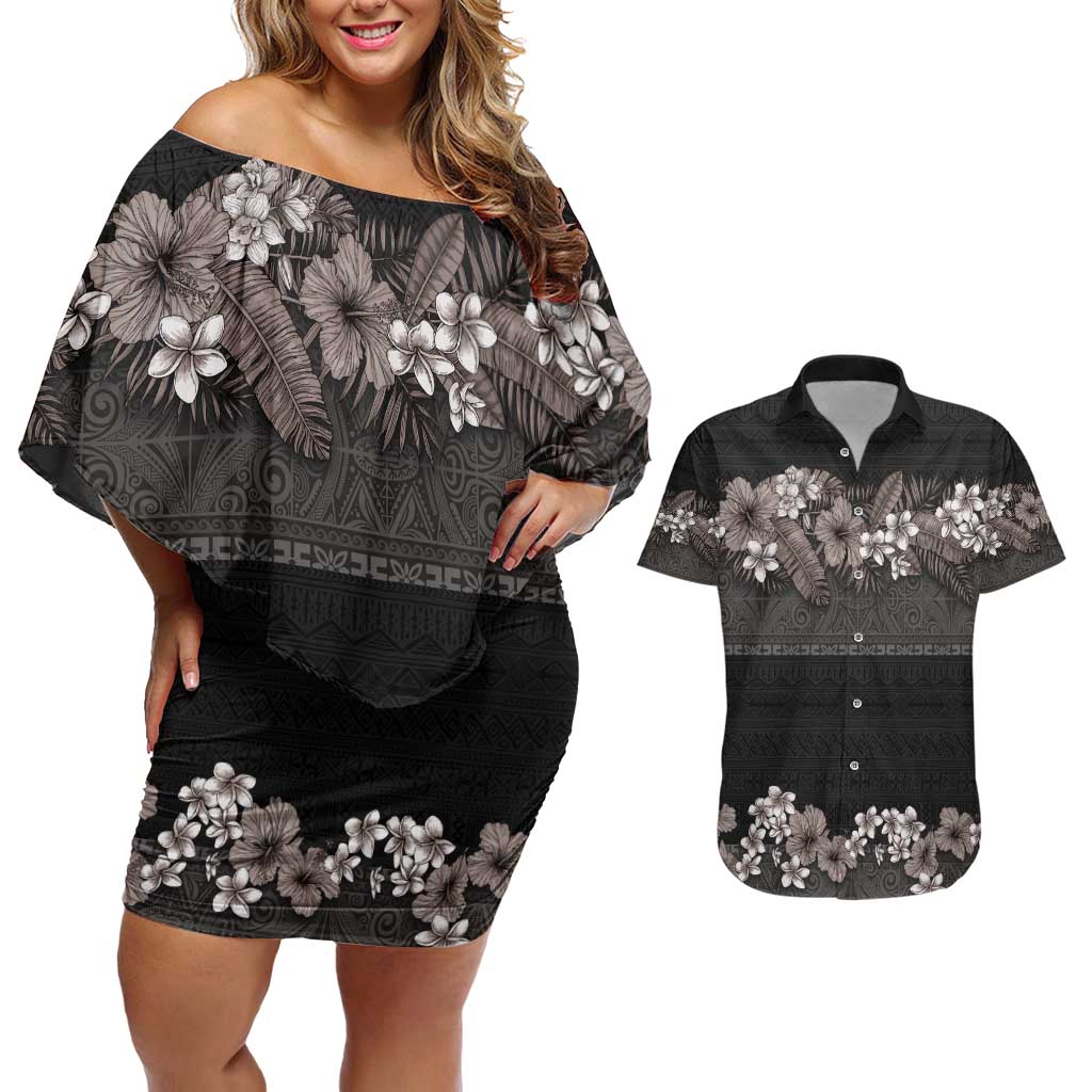 Hawaiian Tropical Flowers and Tribal Polynesian Tattoo Couples Matching Off Shoulder Short Dress and Hawaiian Shirt Grayscale Mode LT03 Black - Polynesian Pride