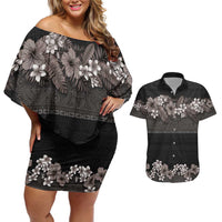 Hawaiian Tropical Flowers and Tribal Polynesian Tattoo Couples Matching Off Shoulder Short Dress and Hawaiian Shirt Grayscale Mode LT03 Black - Polynesian Pride