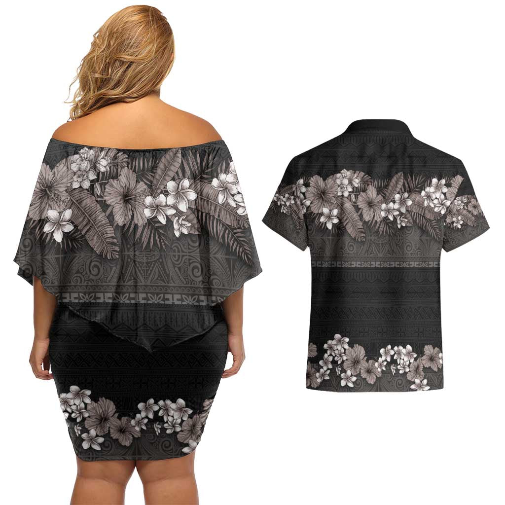 Hawaiian Tropical Flowers and Tribal Polynesian Tattoo Couples Matching Off Shoulder Short Dress and Hawaiian Shirt Grayscale Mode LT03 - Polynesian Pride