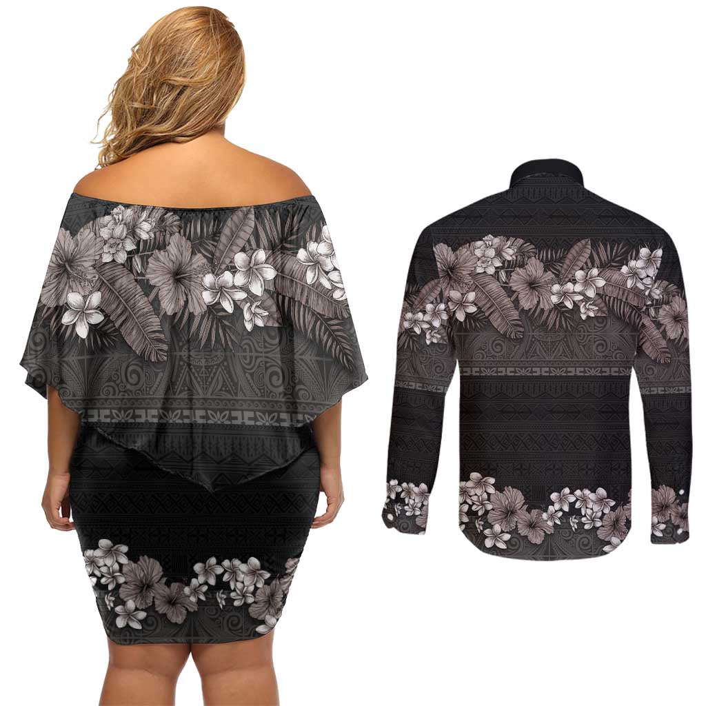 Hawaiian Tropical Flowers and Tribal Polynesian Tattoo Couples Matching Off Shoulder Short Dress and Long Sleeve Button Shirt Grayscale Mode LT03 - Polynesian Pride