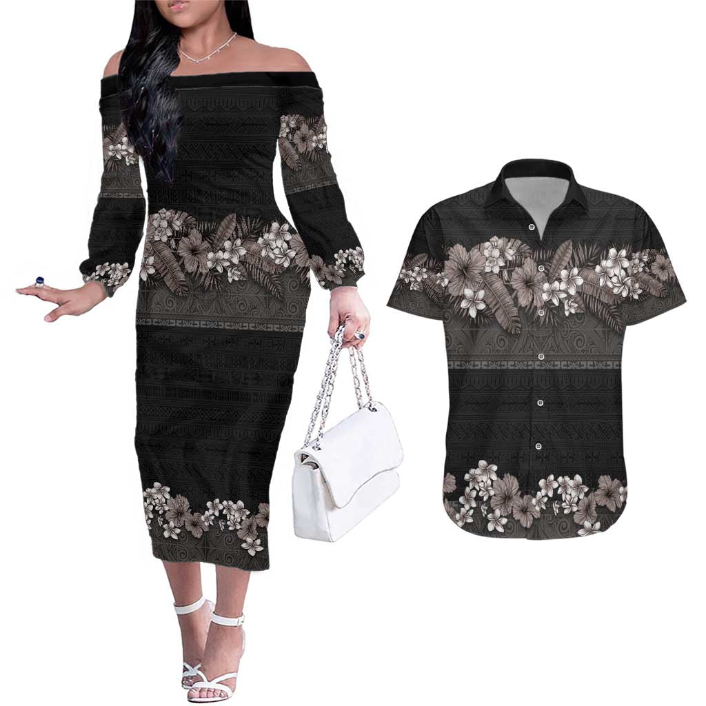 Hawaiian Tropical Flowers and Tribal Polynesian Tattoo Couples Matching Off The Shoulder Long Sleeve Dress and Hawaiian Shirt Grayscale Mode LT03 Black - Polynesian Pride