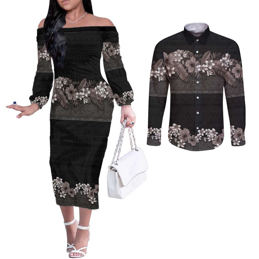 Hawaiian Tropical Flowers and Tribal Polynesian Tattoo Couples Matching Off The Shoulder Long Sleeve Dress and Long Sleeve Button Shirt Grayscale Mode LT03 Black - Polynesian Pride