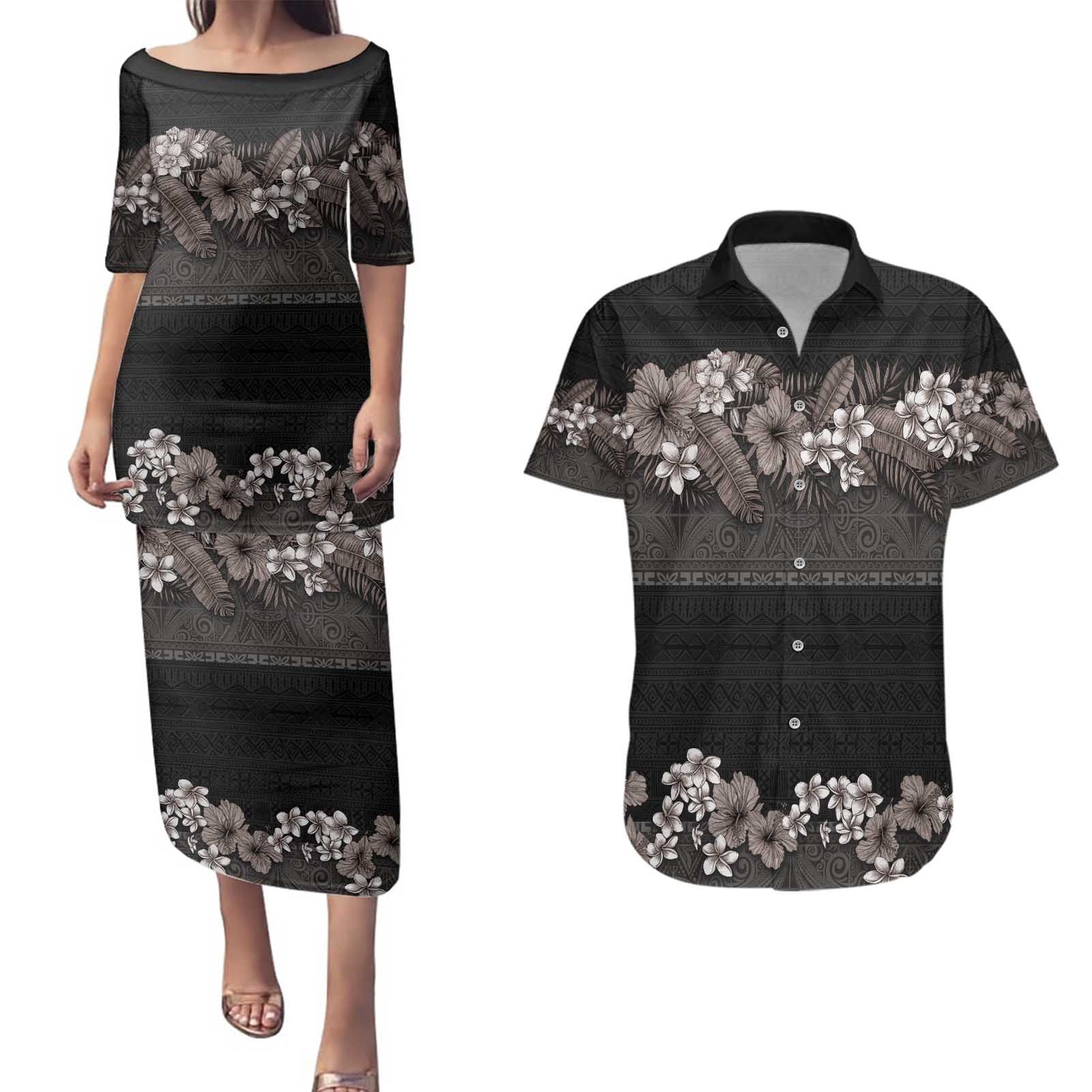 Hawaiian Tropical Flowers and Tribal Polynesian Tattoo Couples Matching Puletasi and Hawaiian Shirt Grayscale Mode LT03 Black - Polynesian Pride