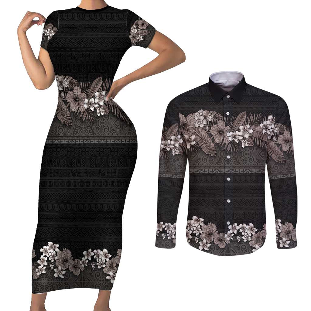 Hawaiian Tropical Flowers and Tribal Polynesian Tattoo Couples Matching Short Sleeve Bodycon Dress and Long Sleeve Button Shirt Grayscale Mode LT03 Black - Polynesian Pride
