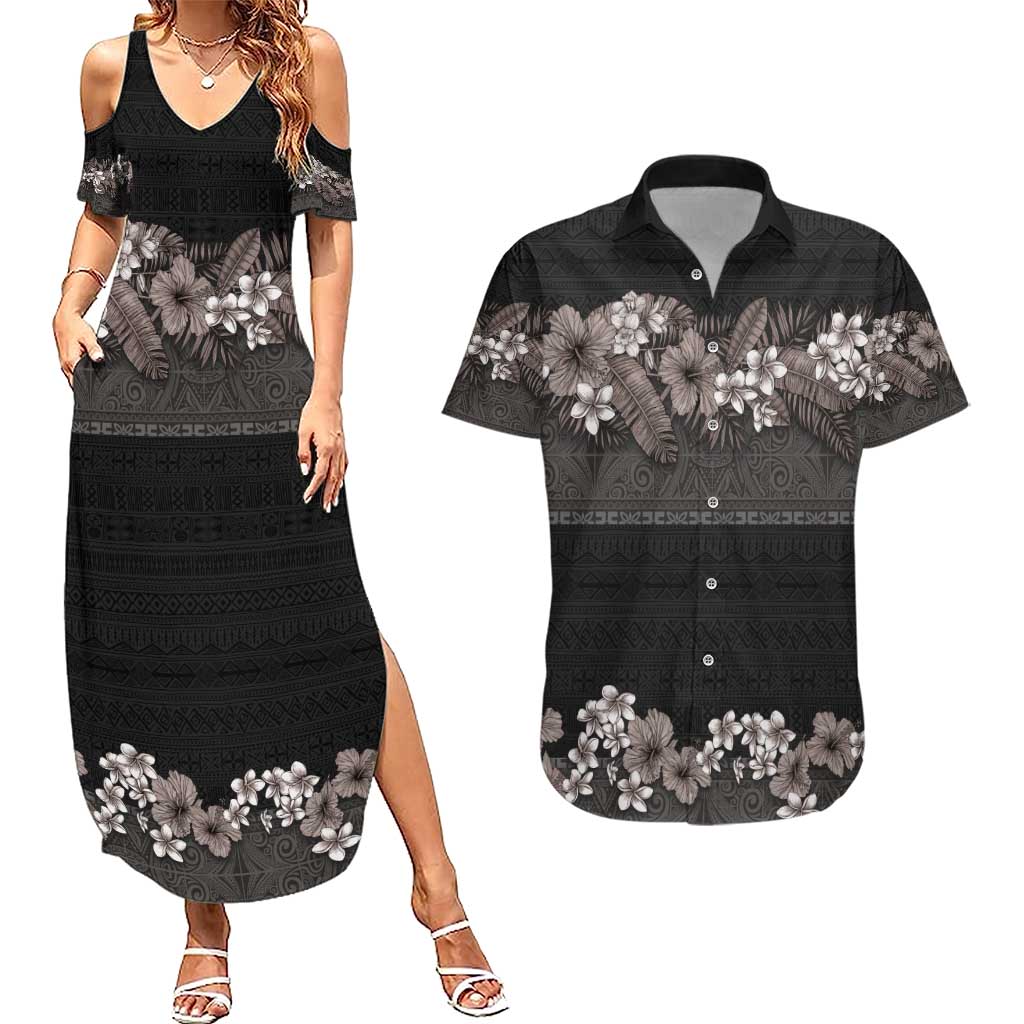 Hawaiian Tropical Flowers and Tribal Polynesian Tattoo Couples Matching Summer Maxi Dress and Hawaiian Shirt Grayscale Mode LT03 Black - Polynesian Pride