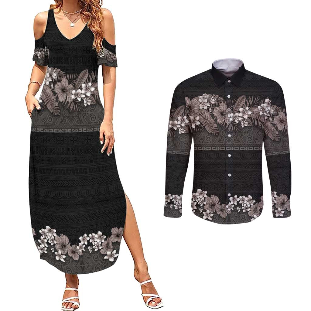 Hawaiian Tropical Flowers and Tribal Polynesian Tattoo Couples Matching Summer Maxi Dress and Long Sleeve Button Shirt Grayscale Mode LT03 Black - Polynesian Pride