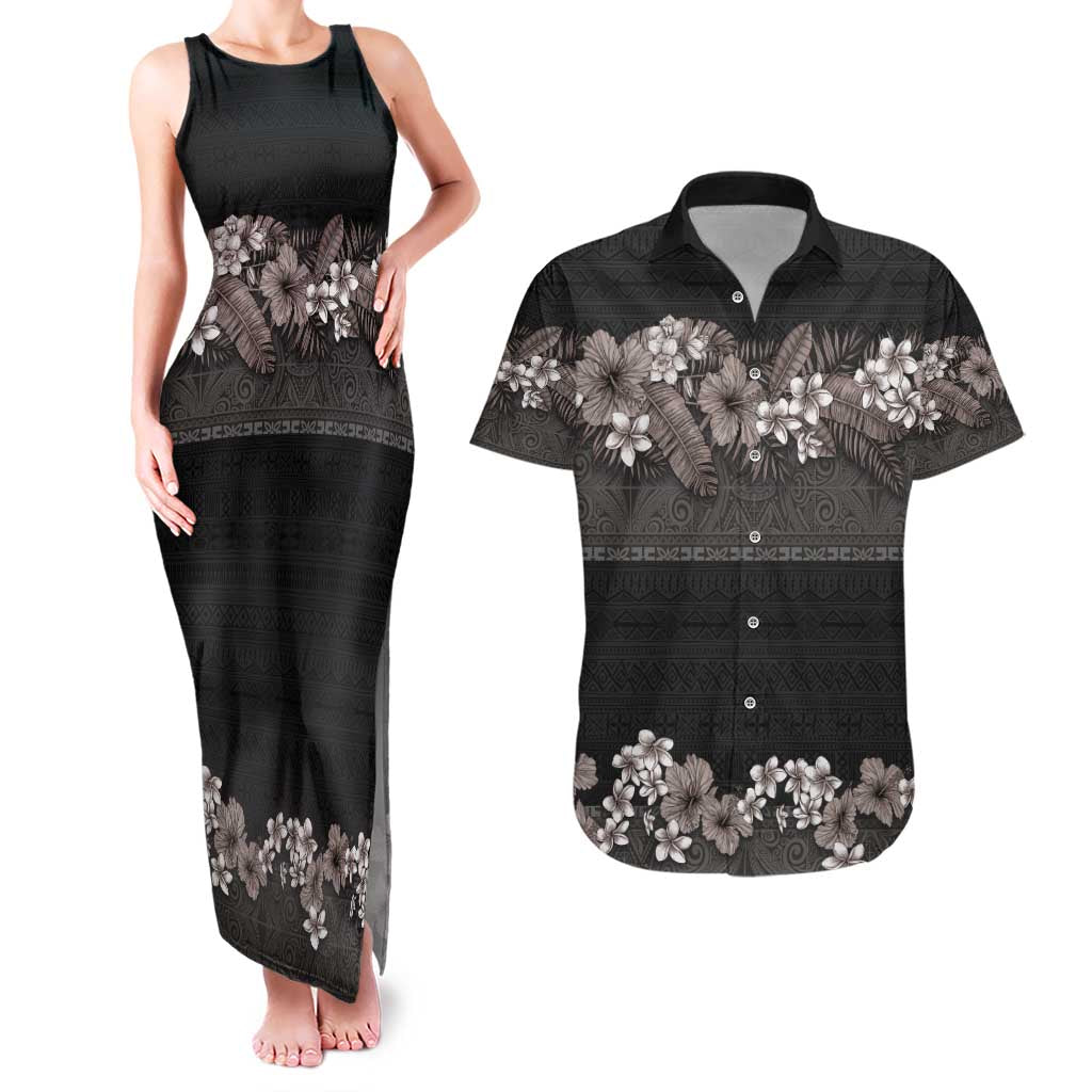 Hawaiian Tropical Flowers and Tribal Polynesian Tattoo Couples Matching Tank Maxi Dress and Hawaiian Shirt Grayscale Mode LT03 Black - Polynesian Pride