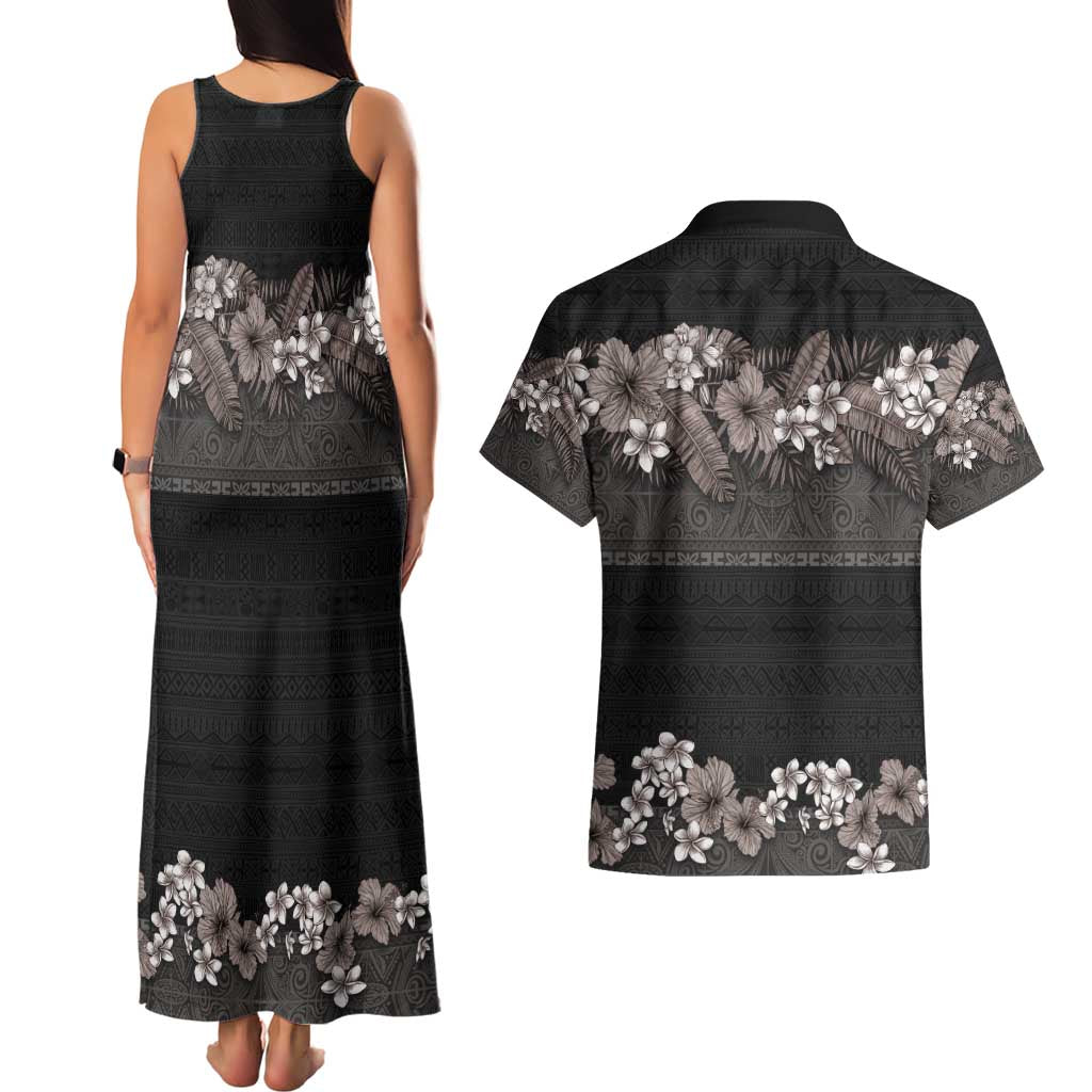 Hawaiian Tropical Flowers and Tribal Polynesian Tattoo Couples Matching Tank Maxi Dress and Hawaiian Shirt Grayscale Mode LT03 - Polynesian Pride