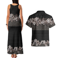 Hawaiian Tropical Flowers and Tribal Polynesian Tattoo Couples Matching Tank Maxi Dress and Hawaiian Shirt Grayscale Mode LT03 - Polynesian Pride