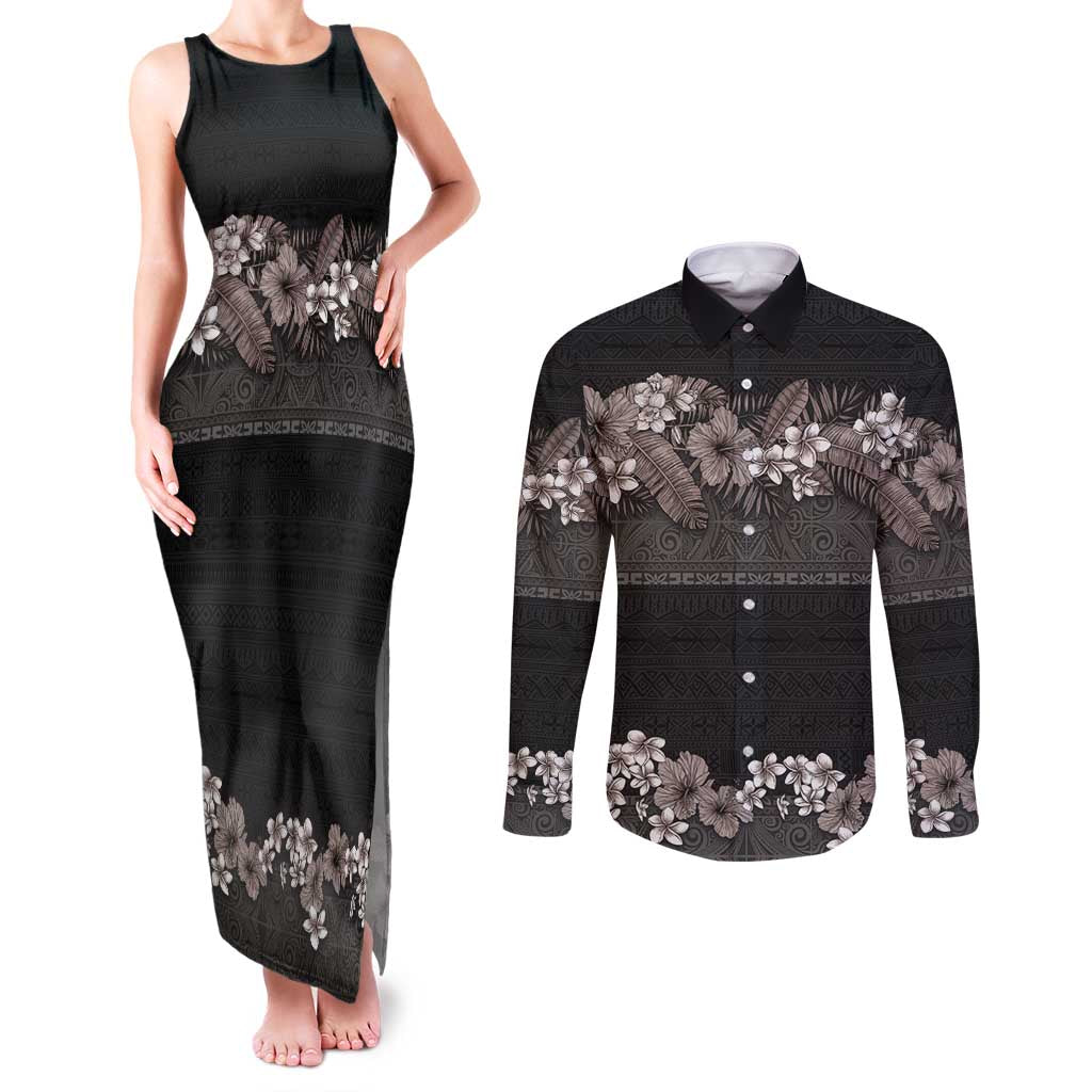 Hawaiian Tropical Flowers and Tribal Polynesian Tattoo Couples Matching Tank Maxi Dress and Long Sleeve Button Shirt Grayscale Mode LT03 Black - Polynesian Pride