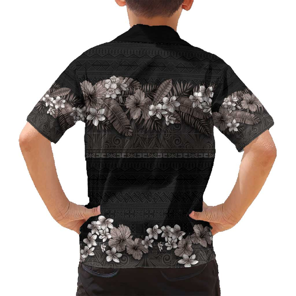 Hawaiian Tropical Flowers and Tribal Polynesian Tattoo Family Matching Long Sleeve Bodycon Dress and Hawaiian Shirt Grayscale Mode LT03 - Polynesian Pride