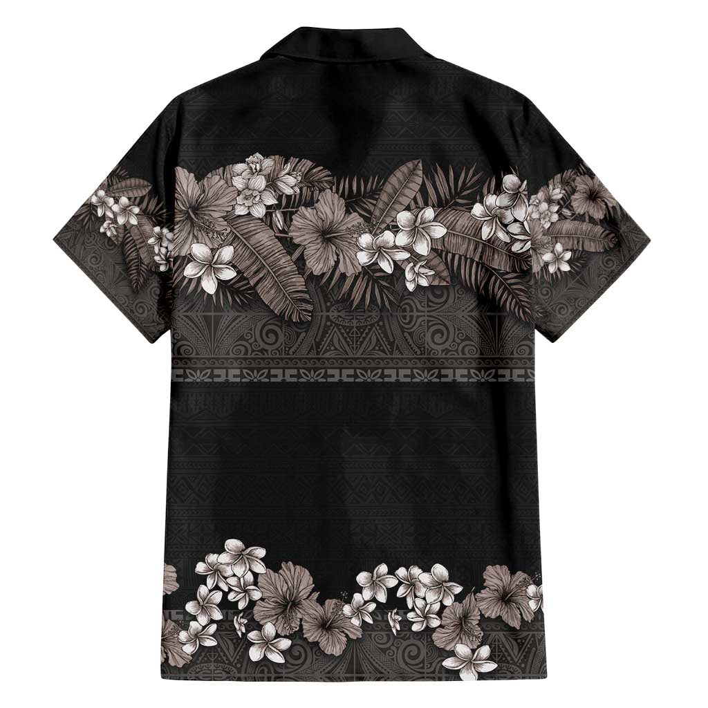 Hawaiian Tropical Flowers and Tribal Polynesian Tattoo Family Matching Long Sleeve Bodycon Dress and Hawaiian Shirt Grayscale Mode LT03 - Polynesian Pride