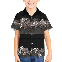 Hawaiian Tropical Flowers and Tribal Polynesian Tattoo Family Matching Long Sleeve Bodycon Dress and Hawaiian Shirt Grayscale Mode LT03 Son's Shirt Black - Polynesian Pride