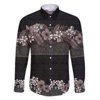Hawaiian Tropical Flowers and Tribal Polynesian Tattoo Family Matching Mermaid Dress and Hawaiian Shirt Grayscale Mode LT03 Dad's Shirt - Long Sleeve Black - Polynesian Pride
