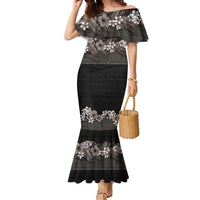 Hawaiian Tropical Flowers and Tribal Polynesian Tattoo Family Matching Mermaid Dress and Hawaiian Shirt Grayscale Mode LT03 Mom's Dress Black - Polynesian Pride