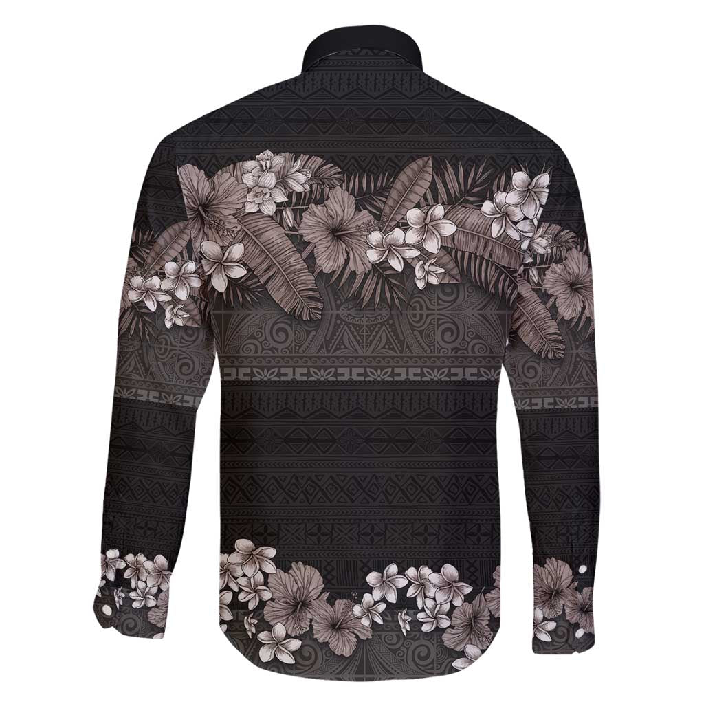 Hawaiian Tropical Flowers and Tribal Polynesian Tattoo Family Matching Puletasi and Hawaiian Shirt Grayscale Mode