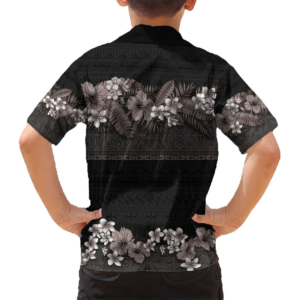 Hawaiian Tropical Flowers and Tribal Polynesian Tattoo Family Matching Short Sleeve Bodycon Dress and Hawaiian Shirt Grayscale Mode LT03 - Polynesian Pride