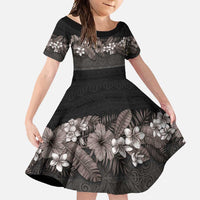 Hawaiian Tropical Flowers and Tribal Polynesian Tattoo Family Matching Short Sleeve Bodycon Dress and Hawaiian Shirt Grayscale Mode LT03 Daughter's Dress Black - Polynesian Pride