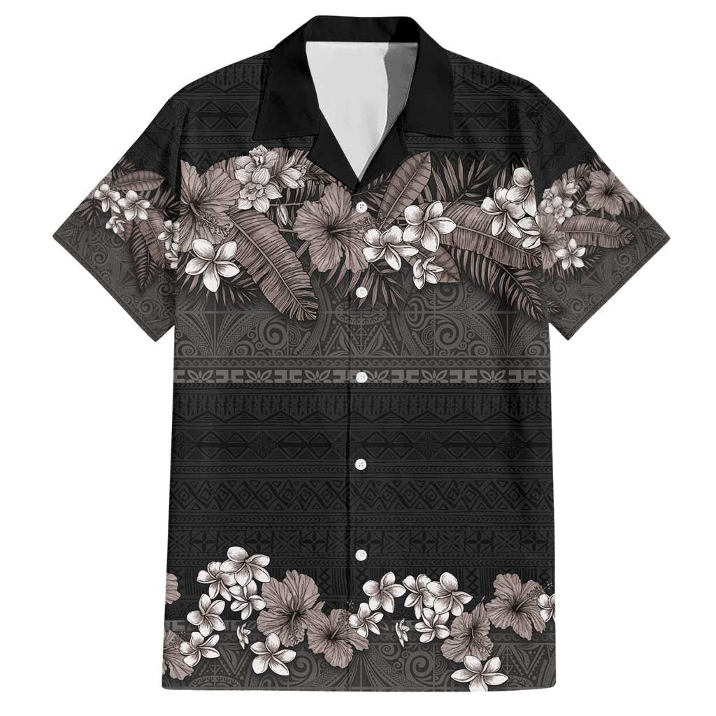 Hawaiian Tropical Flowers and Tribal Polynesian Tattoo Family Matching Short Sleeve Bodycon Dress and Hawaiian Shirt Grayscale Mode LT03 Dad's Shirt - Short Sleeve Black - Polynesian Pride
