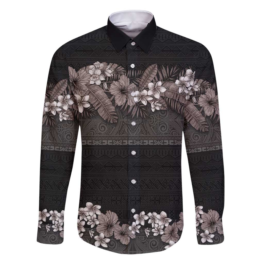 Hawaiian Tropical Flowers and Tribal Polynesian Tattoo Family Matching Short Sleeve Bodycon Dress and Hawaiian Shirt Grayscale Mode LT03 Dad's Shirt - Long Sleeve Black - Polynesian Pride