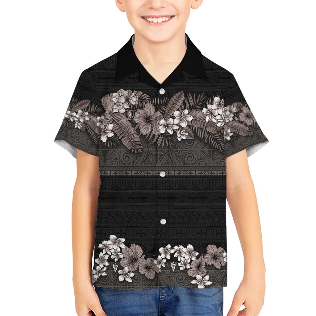 Hawaiian Tropical Flowers and Tribal Polynesian Tattoo Family Matching Short Sleeve Bodycon Dress and Hawaiian Shirt Grayscale Mode LT03 Son's Shirt Black - Polynesian Pride