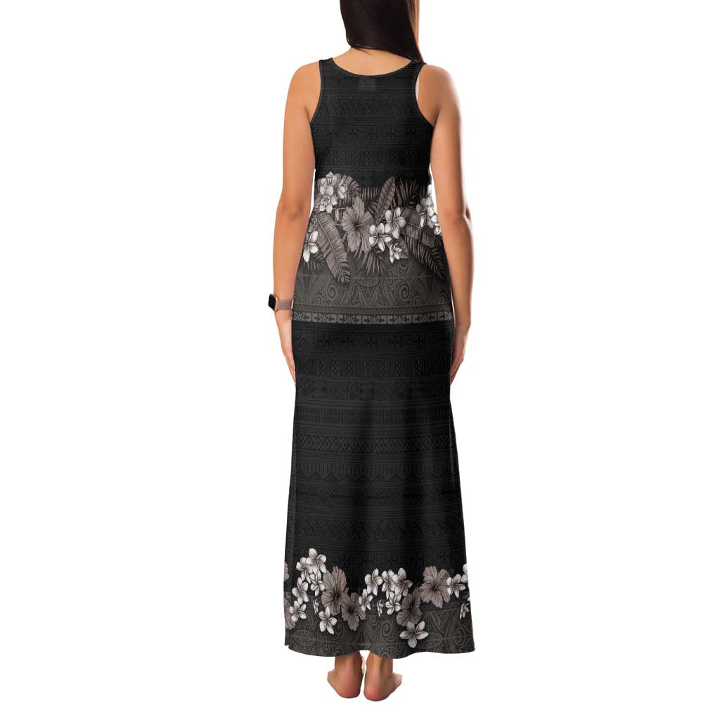 Hawaiian Tropical Flowers and Tribal Polynesian Tattoo Family Matching Tank Maxi Dress and Hawaiian Shirt Grayscale Mode