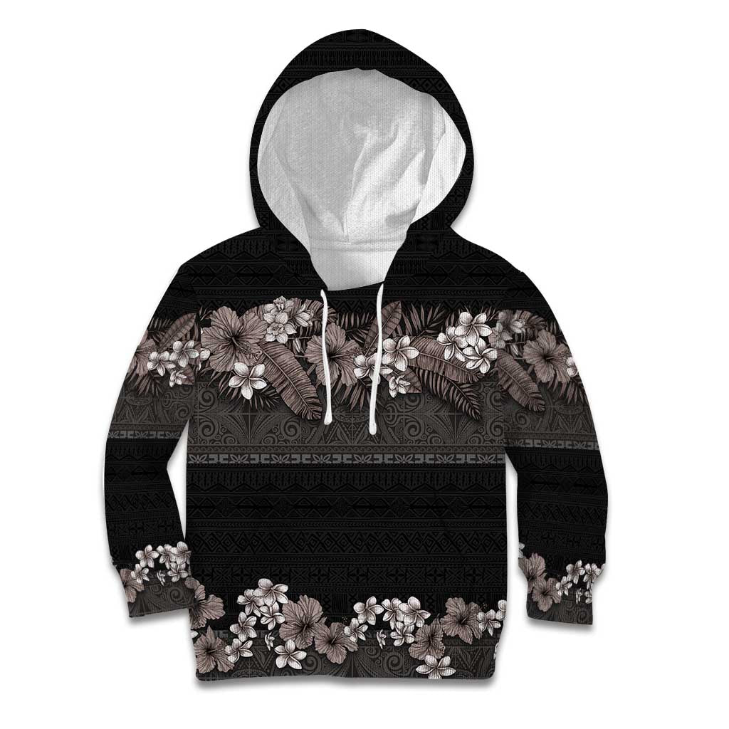 Hawaiian Tropical Flowers and Tribal Polynesian Tattoo Kid Hoodie Grayscale Mode LT03 Hoodie Black - Polynesian Pride