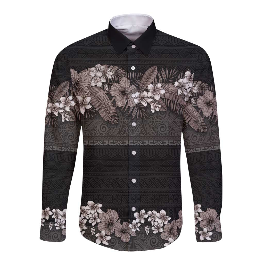 Hawaiian Tropical Flowers and Tribal Polynesian Tattoo Long Sleeve Button Shirt Grayscale Mode LT03 Unisex Black - Polynesian Pride