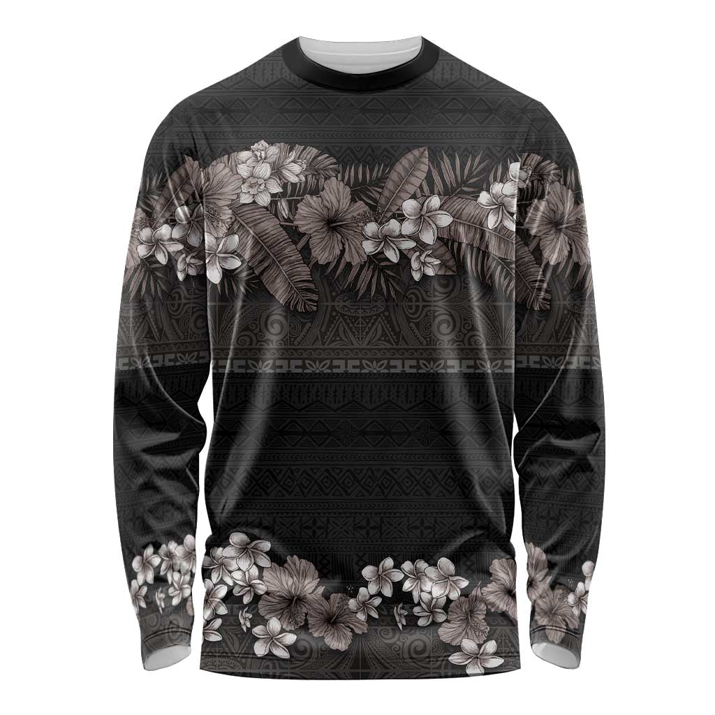 Hawaiian Tropical Flowers and Tribal Polynesian Tattoo Long Sleeve Shirt Grayscale Mode LT03 Unisex Black - Polynesian Pride