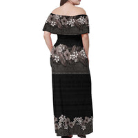 Hawaiian Tropical Flowers and Tribal Polynesian Tattoo Off Shoulder Maxi Dress Grayscale Mode