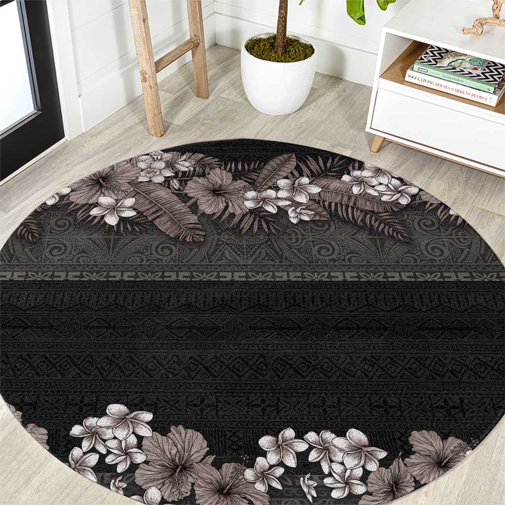 Hawaiian Tropical Flowers and Tribal Polynesian Tattoo Round Carpet Grayscale Mode LT03 Black - Polynesian Pride