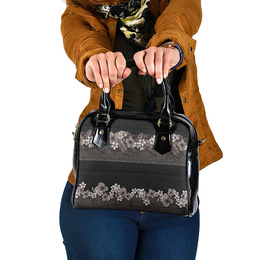 Hawaiian Tropical Flowers and Tribal Polynesian Tattoo Shoulder Handbag Grayscale Mode LT03 One Size Black - Polynesian Pride
