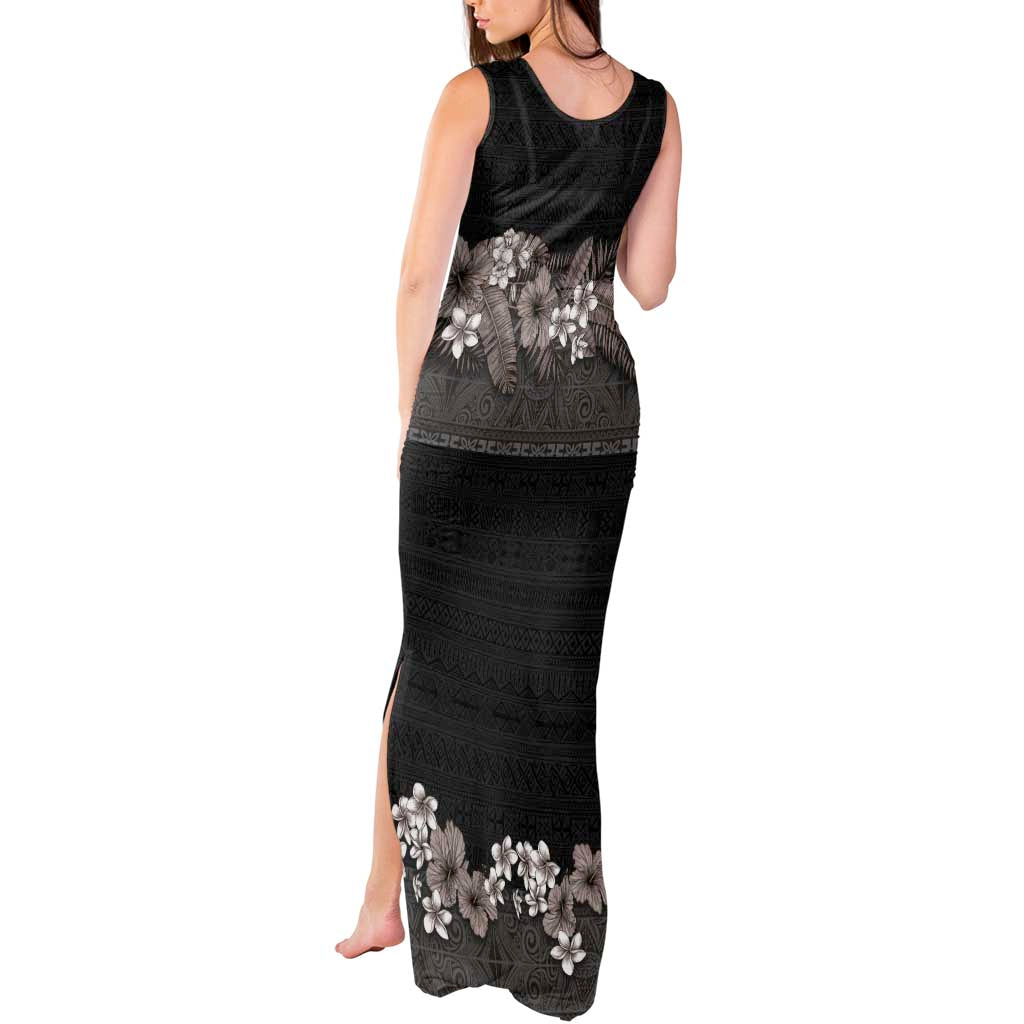 Hawaiian Tropical Flowers and Tribal Polynesian Tattoo Tank Maxi Dress Grayscale Mode LT03 - Polynesian Pride
