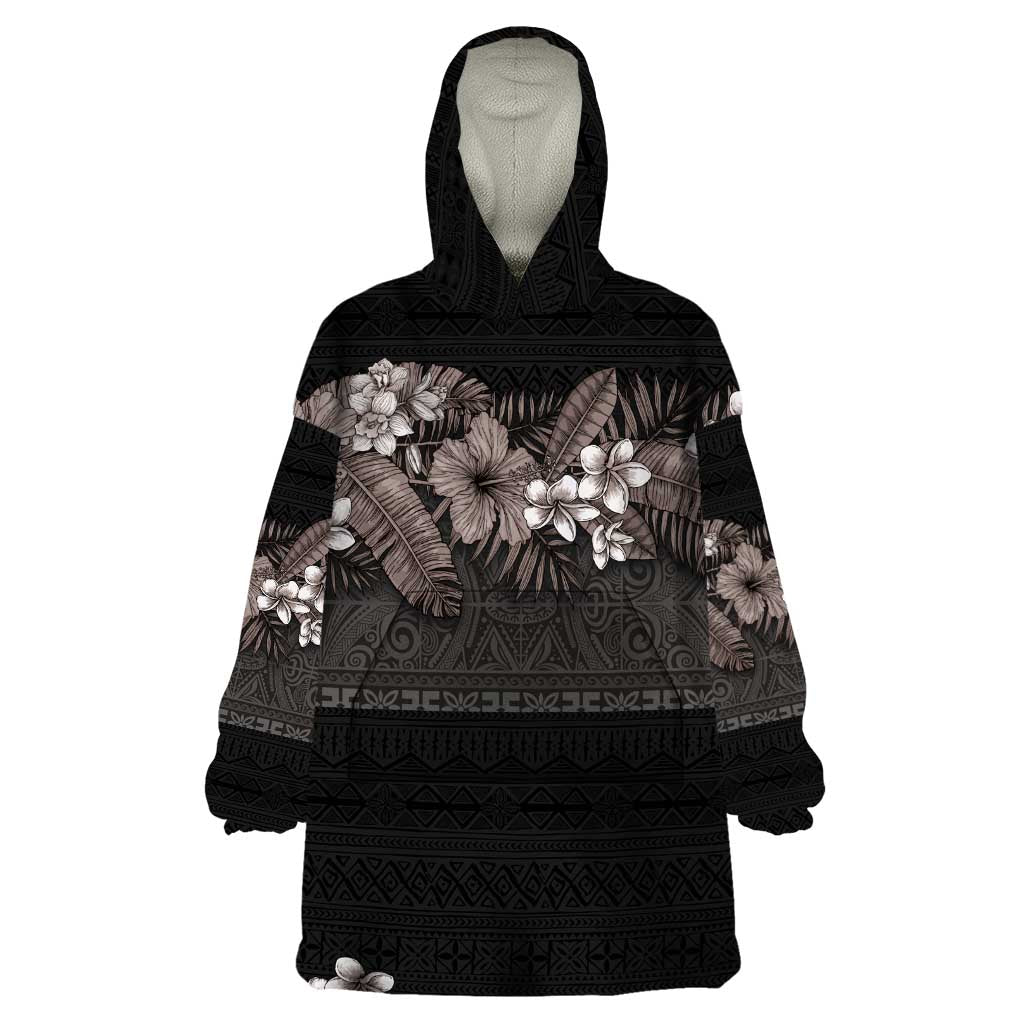 Hawaiian Tropical Flowers and Tribal Polynesian Tattoo Wearable Blanket Hoodie Grayscale Mode LT03 One Size Black - Polynesian Pride