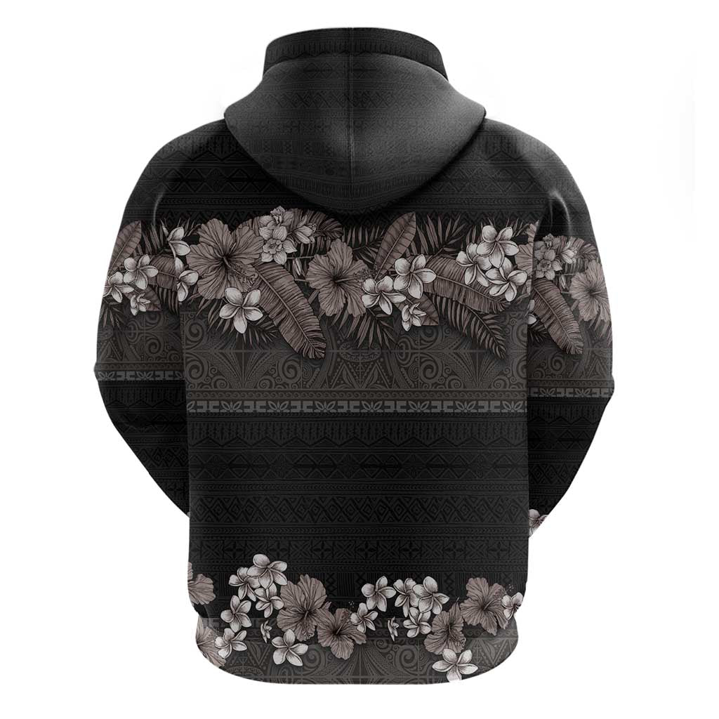 Hawaiian Tropical Flowers and Tribal Polynesian Tattoo Zip Hoodie Grayscale Mode