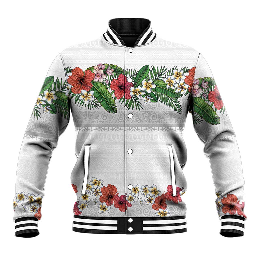 Hawaiian Tropical Flowers and Tribal Polynesian Tattoo Baseball Jacket White Color LT03 Unisex White - Polynesian Pride