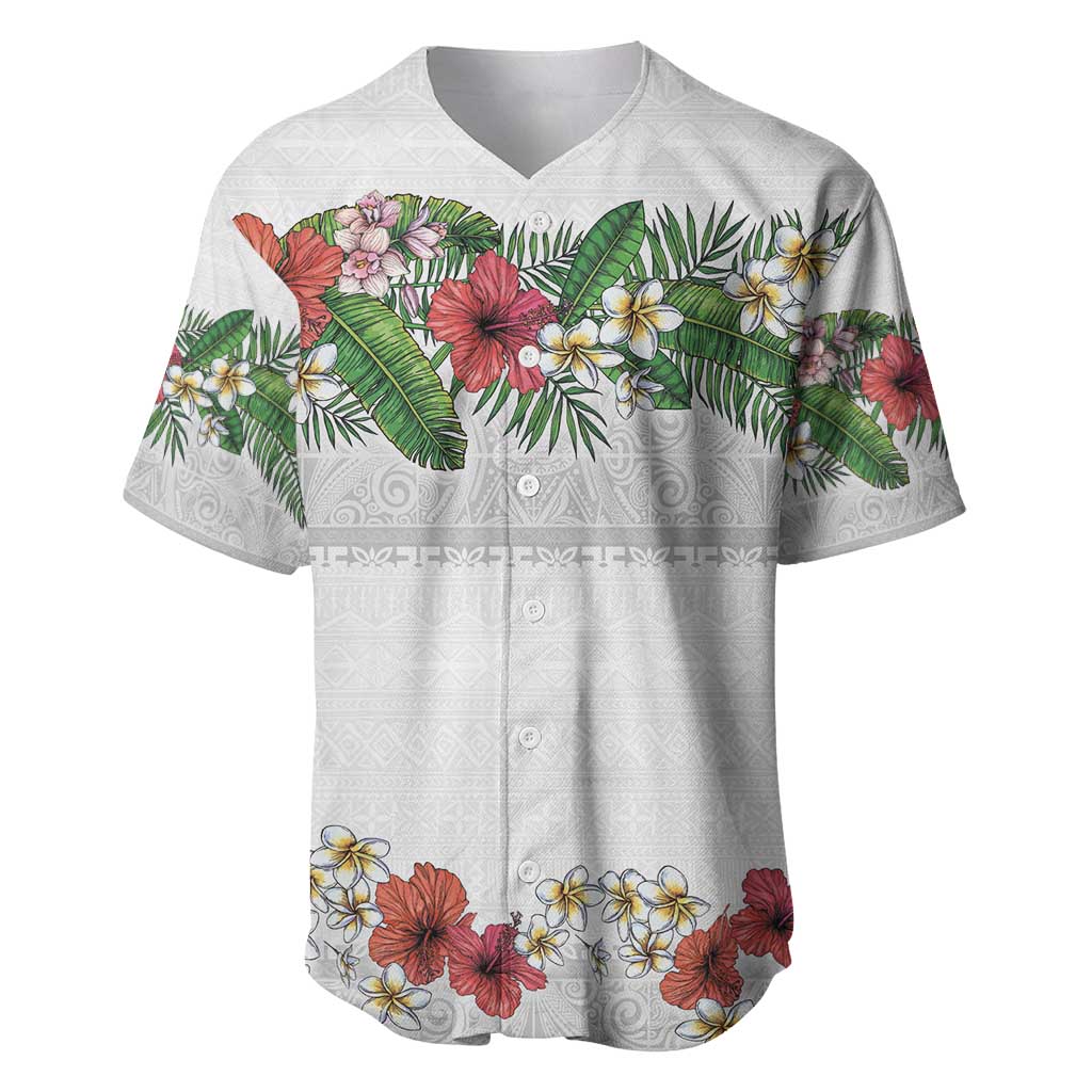 Hawaiian Tropical Flowers and Tribal Polynesian Tattoo Baseball Jersey White Color LT03 White - Polynesian Pride