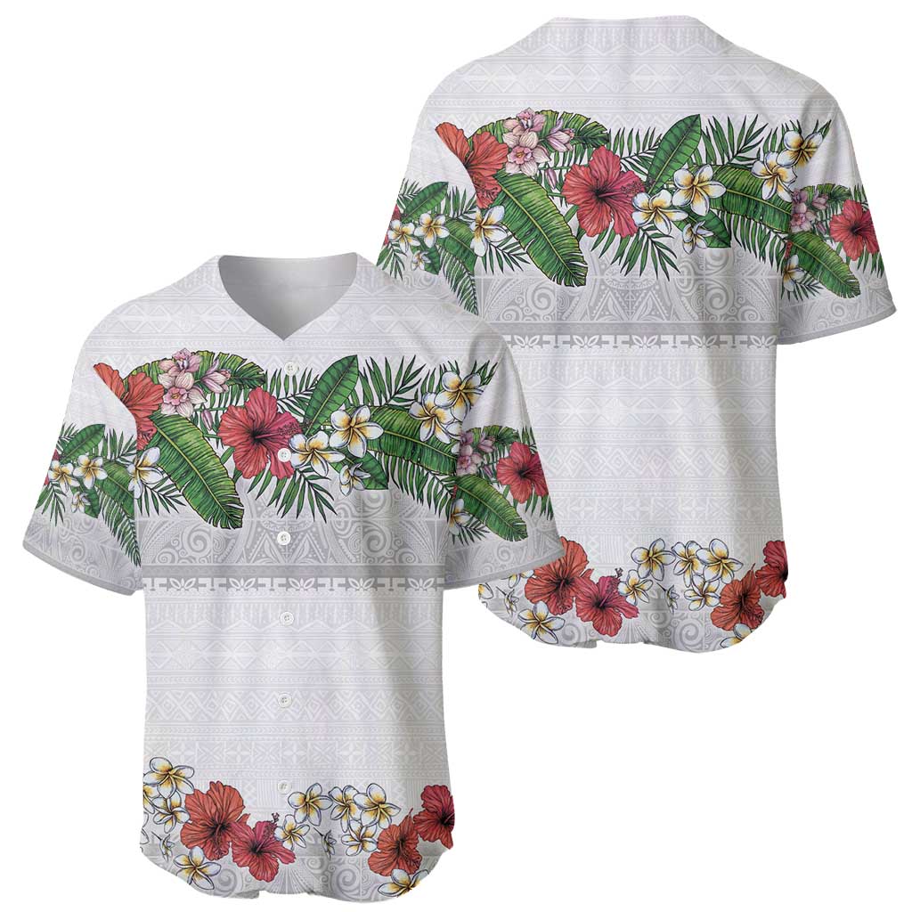 Hawaiian Tropical Flowers and Tribal Polynesian Tattoo Baseball Jersey White Color LT03 - Polynesian Pride