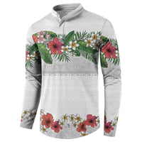 Hawaiian Tropical Flowers and Tribal Polynesian Tattoo Button Sweatshirt White Color