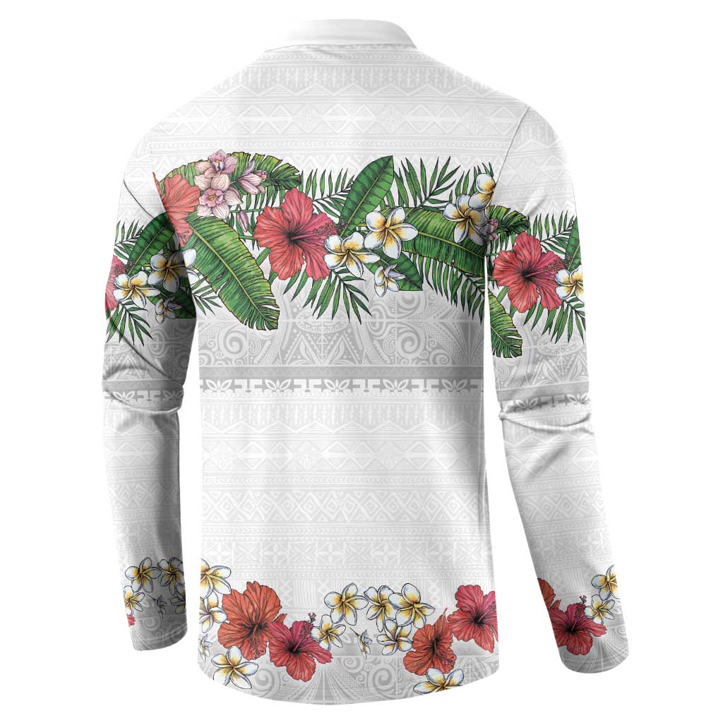 Hawaiian Tropical Flowers and Tribal Polynesian Tattoo Button Sweatshirt White Color
