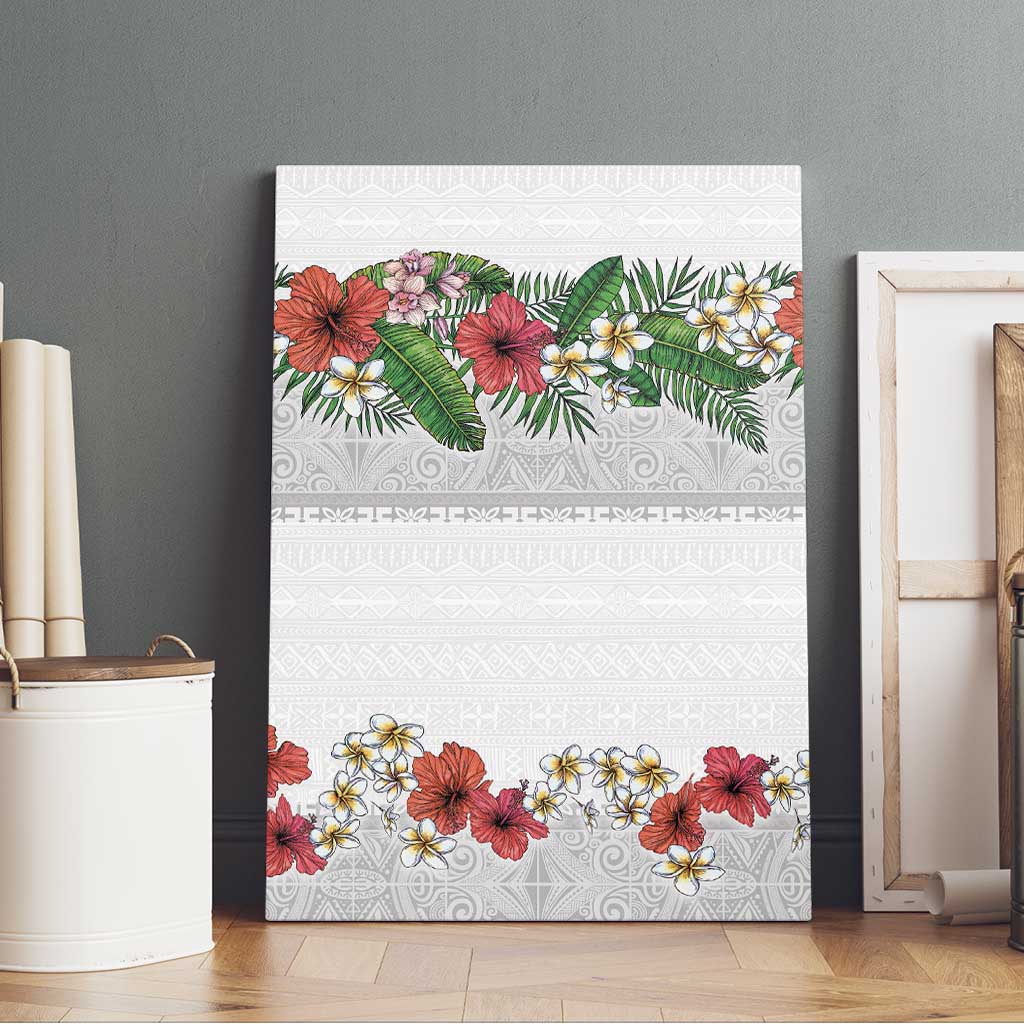 Hawaiian Tropical Flowers and Tribal Polynesian Tattoo Canvas Wall Art White Color