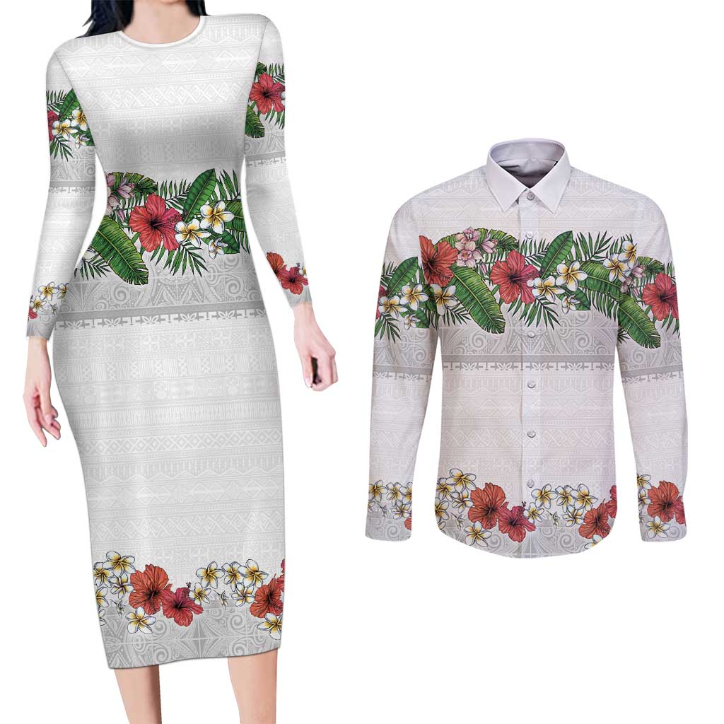 Hawaiian Tropical Flowers and Tribal Polynesian Tattoo Couples Matching Long Sleeve Bodycon Dress and Long Sleeve Button Shirt White Color LT03 White - Polynesian Pride