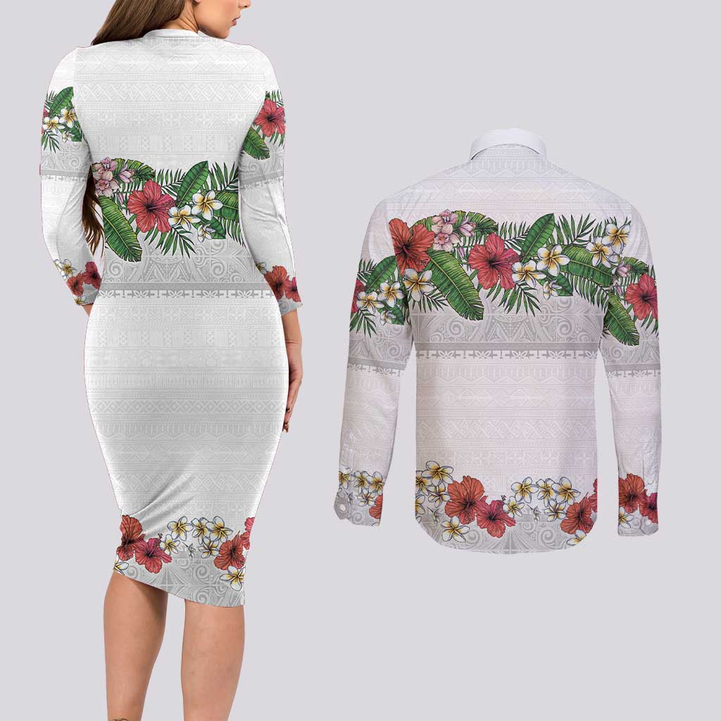 Hawaiian Tropical Flowers and Tribal Polynesian Tattoo Couples Matching Long Sleeve Bodycon Dress and Long Sleeve Button Shirt White Color LT03 - Polynesian Pride