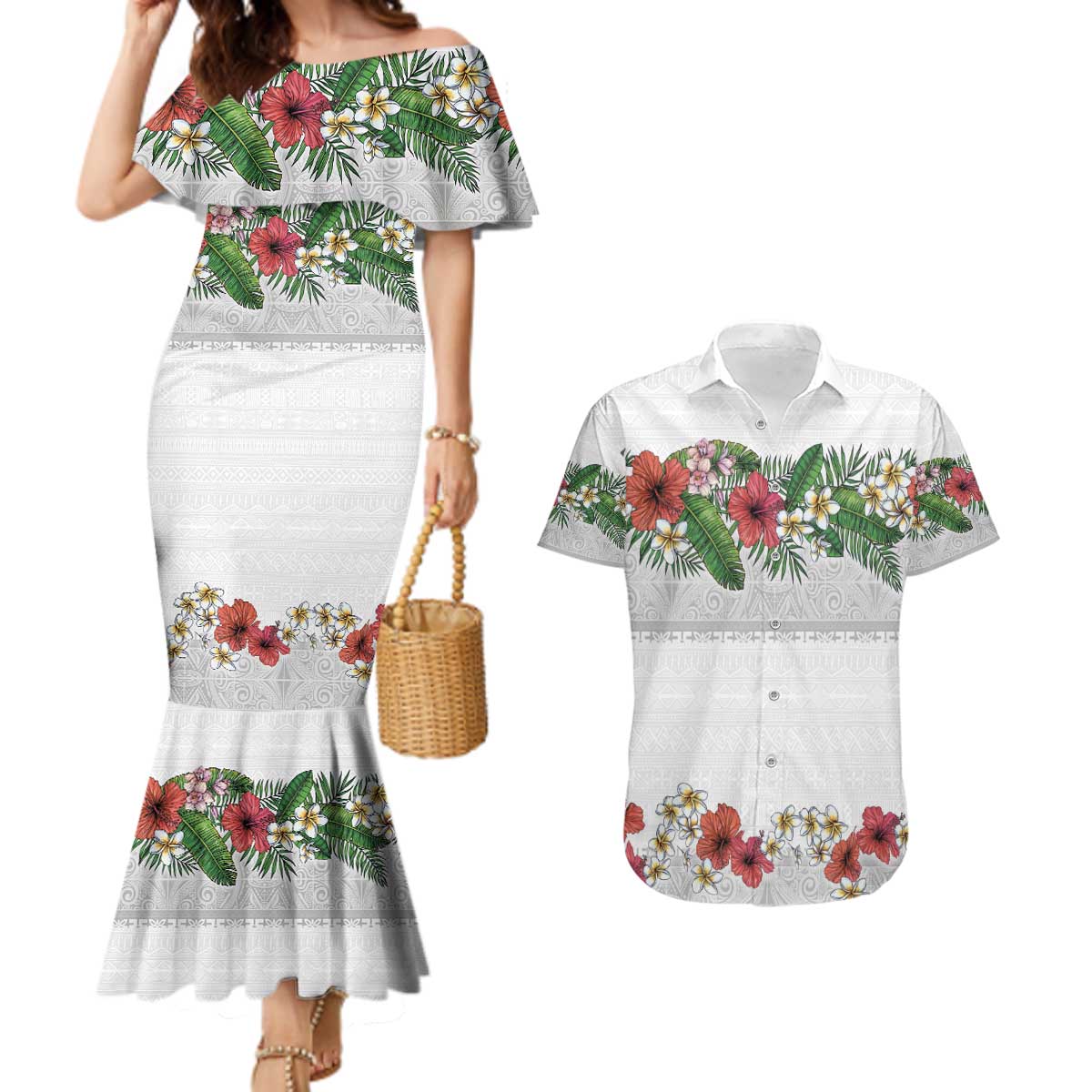 Hawaiian Tropical Flowers and Tribal Polynesian Tattoo Couples Matching Mermaid Dress and Hawaiian Shirt White Color LT03 White - Polynesian Pride