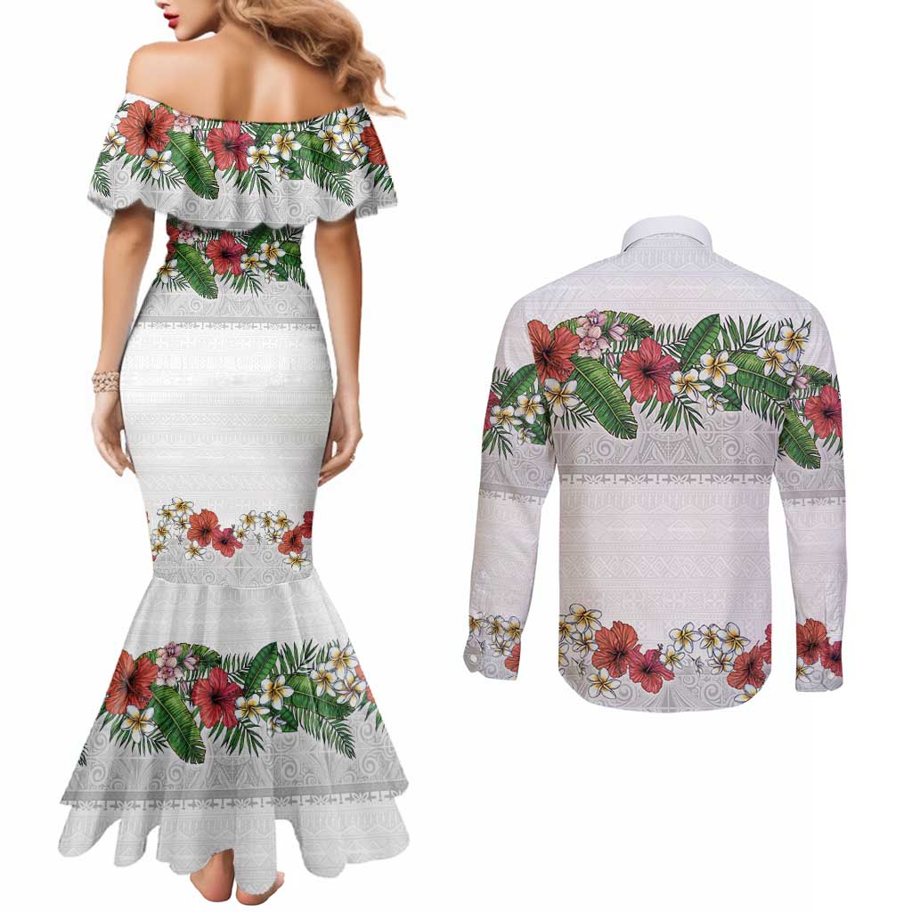 Hawaiian Tropical Flowers and Tribal Polynesian Tattoo Couples Matching Mermaid Dress and Long Sleeve Button Shirt White Color LT03 - Polynesian Pride
