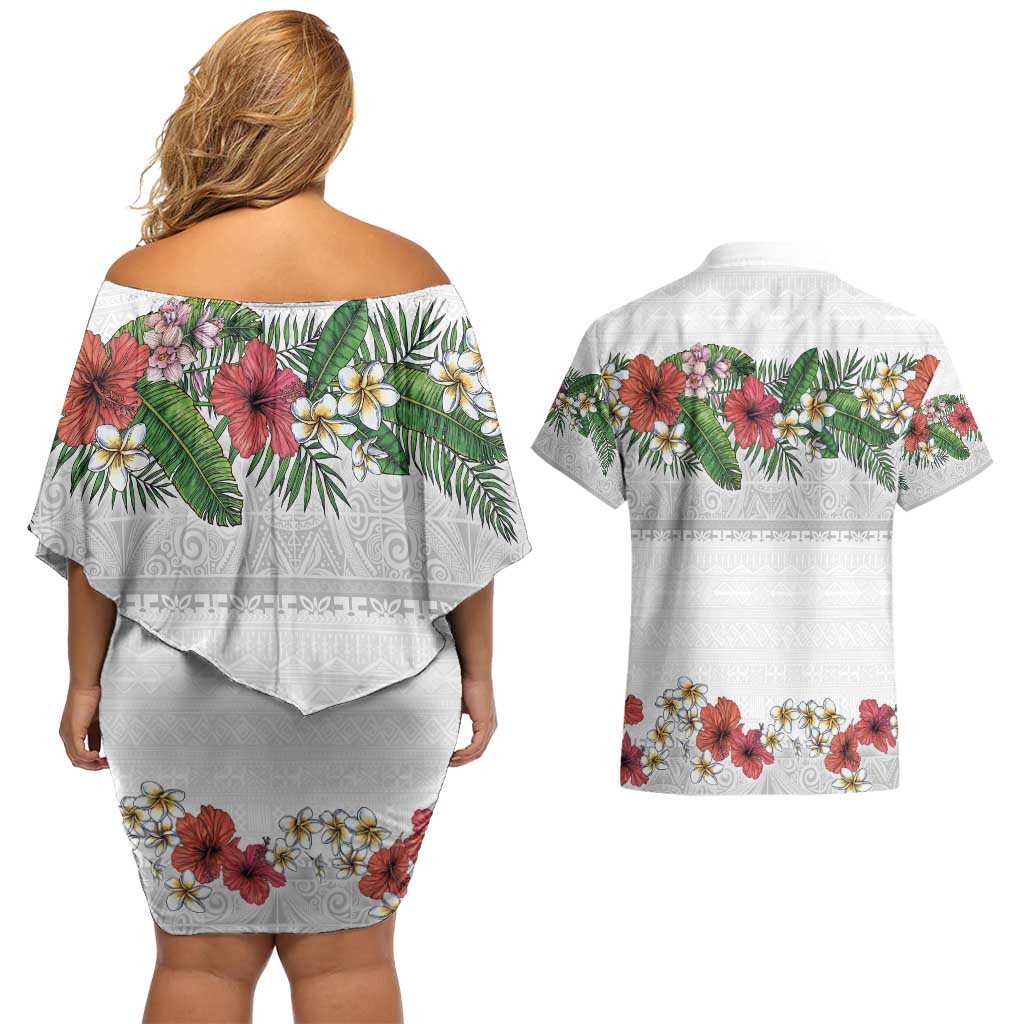 Hawaiian Tropical Flowers and Tribal Polynesian Tattoo Couples Matching Off Shoulder Short Dress and Hawaiian Shirt White Color LT03 - Polynesian Pride