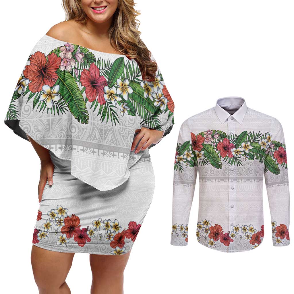 Hawaiian Tropical Flowers and Tribal Polynesian Tattoo Couples Matching Off Shoulder Short Dress and Long Sleeve Button Shirt White Color LT03 White - Polynesian Pride